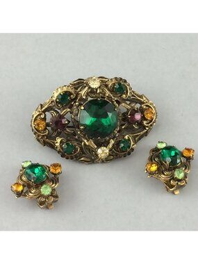 Vintage Czech Glass and Filagree Metal Clip On Earrings and Brooch Set Greens
